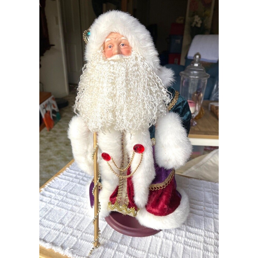 RARE Pier 1 Santa Figure W/Staff In Red & Purple Velvet Robe W/Gold Accents